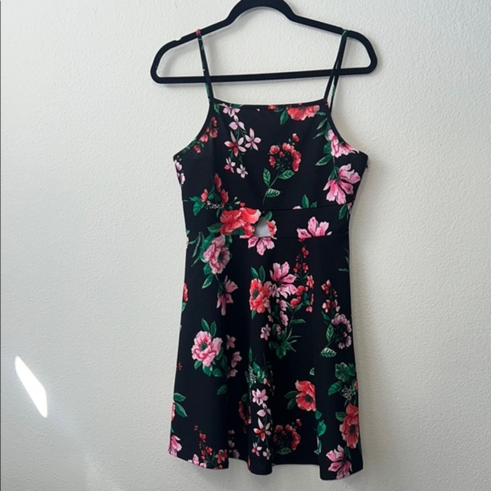 Floral Black Dress with Pink and Green Accents